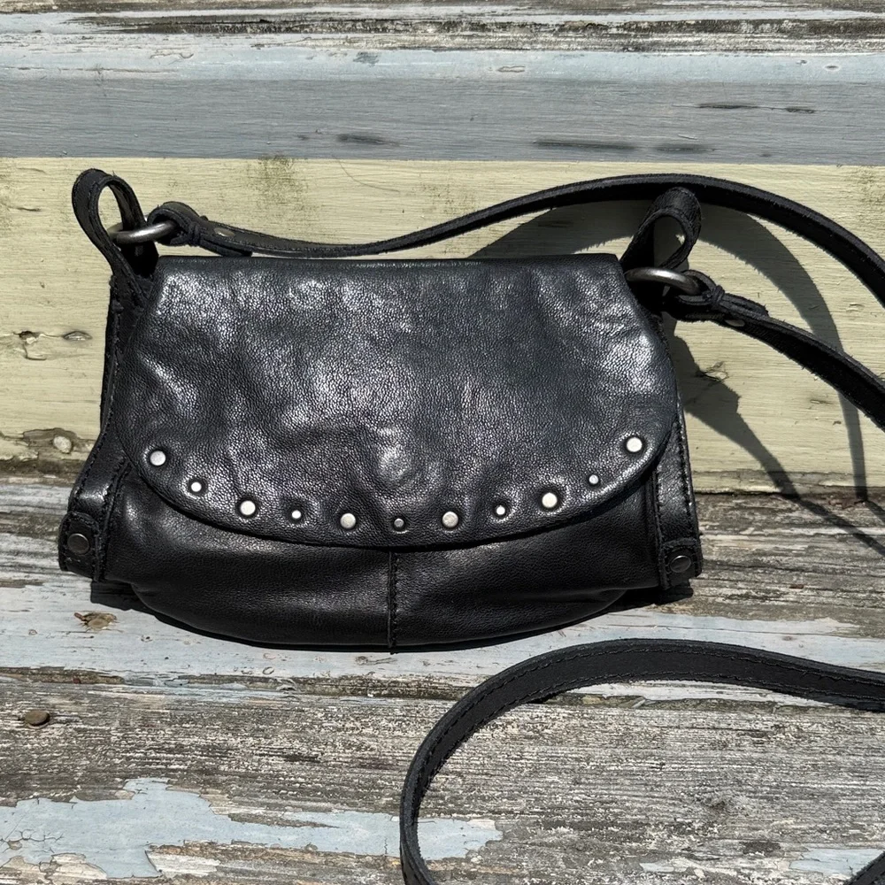 Lucky Brand Black Leather Crossbody Bag Small Studded Biker Boho Hippie Purse - Picture 1 of 8